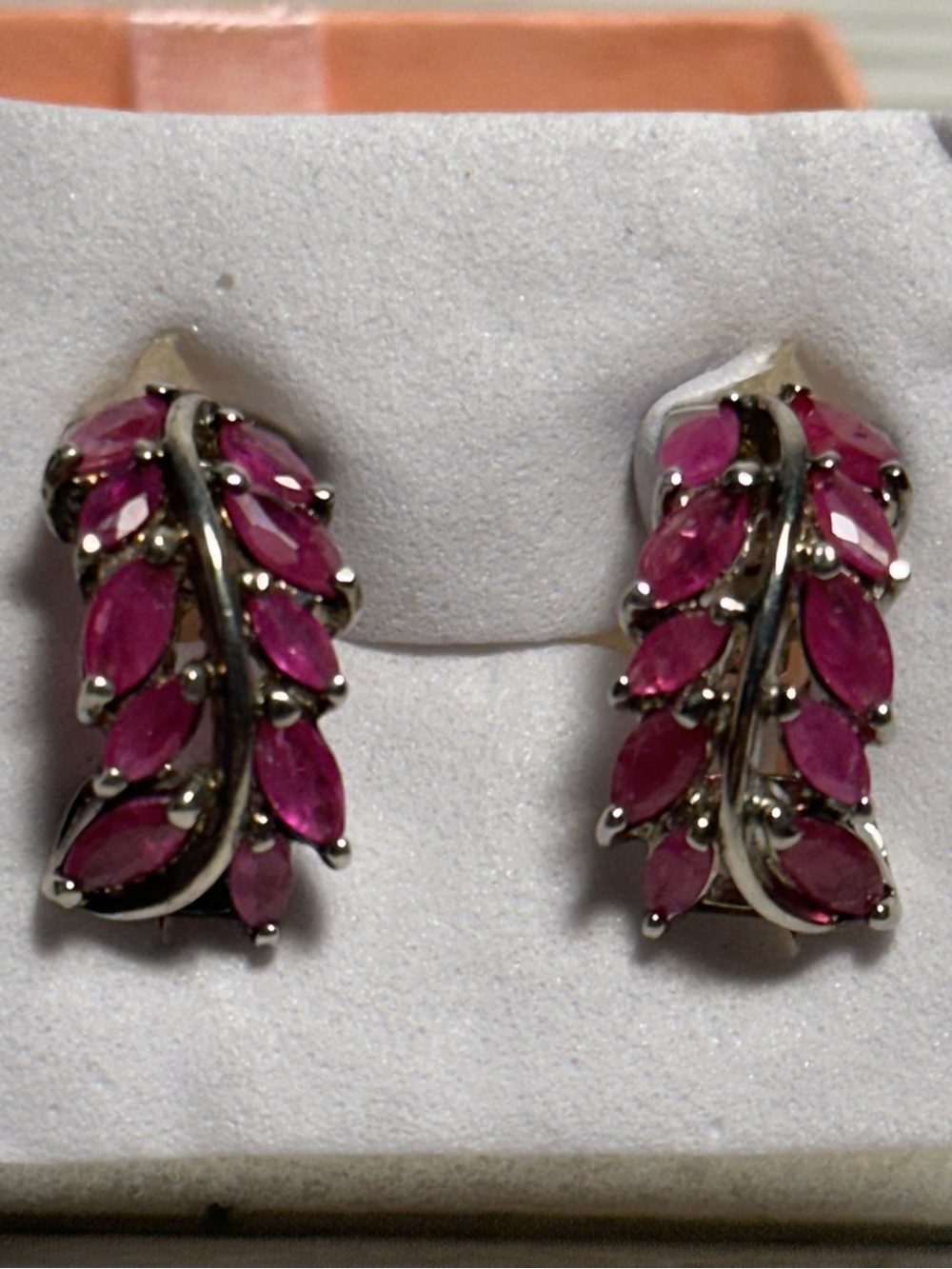 Vintage Sterling Silver Pink/Red Ruby Hinged Huggie Earrings For Pierced Ears - Picture 8 of 10